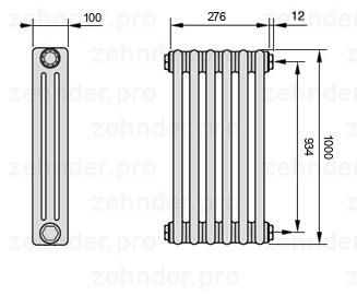 Схема (чертеж) Радиатор Zehnder Charleston 3100/6 №7610 Белый глянцевый RAL 9016